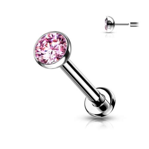 Ezüst titán labret rózsaszín kővel, 3mm, push-in - Labret piercing