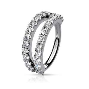 Ezüst színű dupla soros cirkónia kattanós karika, 8mm, helix, tragus, conch, orr, porc piercinghez - Piercing