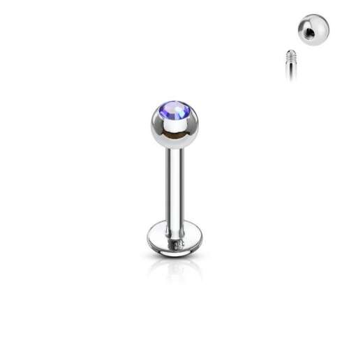 Labret mini piercing kék kristállyal, ezüst színű, orvosi acélból, 1,2mm szár vastagság, 8mm szár hossz, 3mm golyó méret