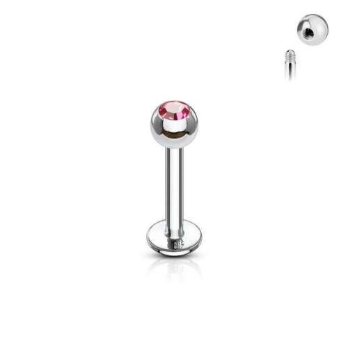 Labret piercing rózsaszín kristállyal, ezüst színben, 1,2 mm-es szár vastagsággal, 8 mm-es szár hosszal, 3 mm-es golyómérettel - Labret piercing