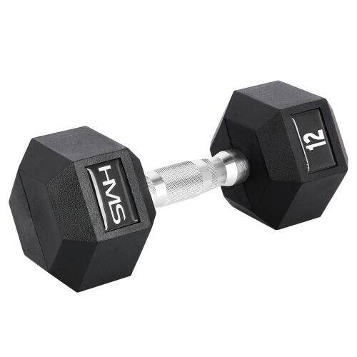 HMS HEX PRO 12 kg súlyzó, fekete gumírozott hatszögletű súly - Testépítés