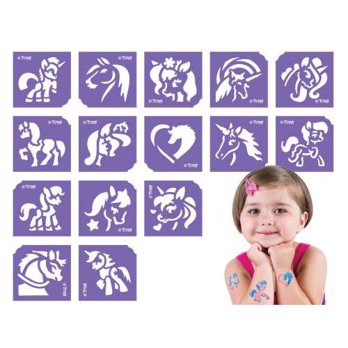 Unicorn and horse glitter tattoo stencils for kids, 15 pieces