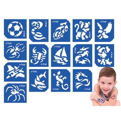 Tytoo boys glitter tattoo stencils set of 15, featuring popular designs like spiders, vehicles, and reptiles