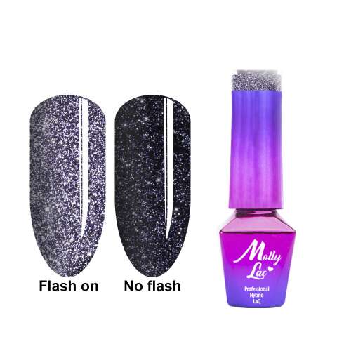MollyLac Flashing Lights 614 gél lakk, 5ml, fekete csillámos, holografikus hatású, villanás nélkül és villanással készült körömlakk minták - Nono