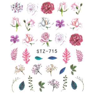 STZ-715 Virágos körömmatricák, Vízálló körömmatricák, Akril hatású körömmatricák, Rózsa és levél körömmatricák - Körömmatrica