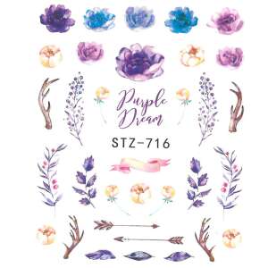 Purple Dream körömmatricák, STZ-716, vízbe áztatható matricák, virágos mintázat, boho stílus - Körömmatrica