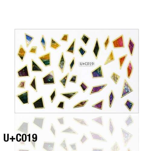 Holo matrica U+C019 körömmatricák, színes geometriai formák arany díszítéssel