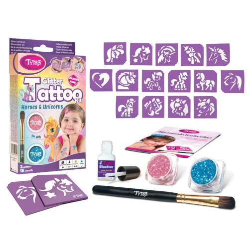 Zestaw TyToo Glitter Tattoo dla dziewczynek, ze wzorami koni i jednorożców, klejem brokatowym i brokatem