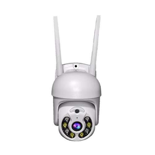 White wireless security camera with two antennas, 2MP full HD resolution, pan-tilt function, night vision, and SD card slot