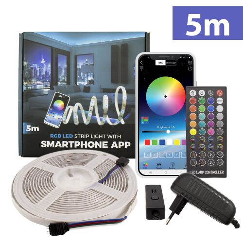 SunShine 5m Smart RGB LED szalag szett távirányítóval, hálózati adapterrel és okostelefonos alkalmazás vezérléssel