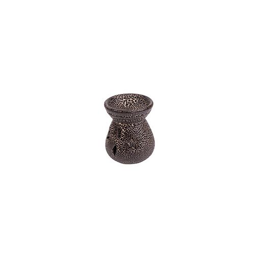 Rücskös barna kerámia olajmécses csillag és levél mintás kivágásokkal, 7x8 cm - Mécsestartó