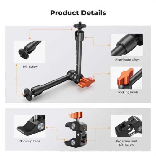 K&F Concept MS32 magic arm termék részletei: 1/4 hüvelykes csavar, alumínium ötvözet, rögzítőgomb, csúszásmentes fülek, 3/8 hüvelykes csavar - Fényképezőgép kiegészítő