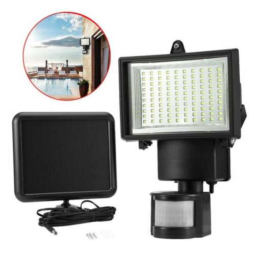 Solar powered motion sensor LED floodlight with 100 LED lights, perfect for outdoor security lighting, garage, driveway, garden, and more