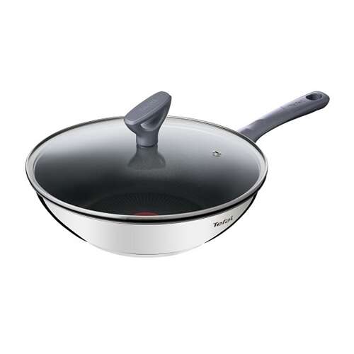 Tefal Daily Cook 28 cm-es wok üveg fedővel, rozsdamentes acélból, titán 2x tapadásmentes bevonattal, thermo-spot hőjelzővel