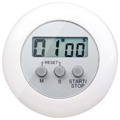 White digital kitchen timer with LCD display, minutes and seconds setting, start/stop and reset buttons