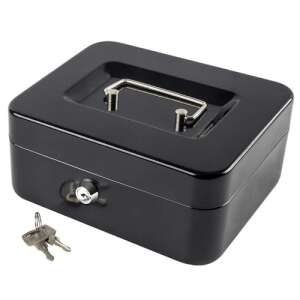 Black metal cash box with key, 15cm x 12cm x 8cm - Cash Box