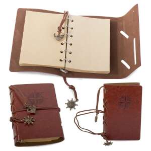 Barna bőr utazási napló horgonyos díszítéssel és gyűrűs kötéssel, több nézetből - Irodai papíráru