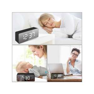 Colaj al ceasului deșteptător digital negru cu suprafață oglindă, arătând diferite ore și scenarii de utilizare - Ceasuri alarme
