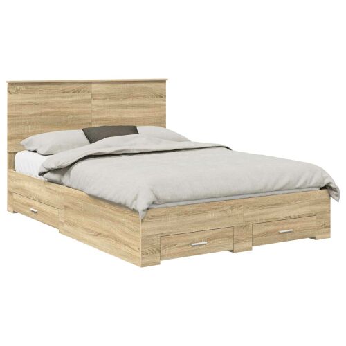 vidaXL Sonoma tölgy ágykeret fejtámlával és fiókokkal 135x190 cm - Ágykeret