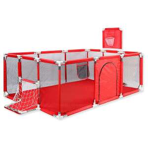 Piros játszókerítés kosárlabda palánkkal és focikapukkal, 182x122x64 cm - Járóka