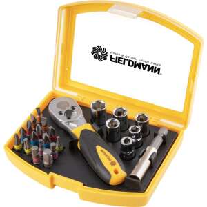 Fieldmann FDS 1018-23R screwdriver set with 23 pieces, including bits, sockets, and a ratchet wrench, in a yellow plastic case - Fieldmann Screwdriver