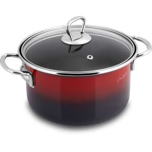Lamart LT1181 18cm red and black enamel pot with glass lid and stainless steel handles - Cookware & bakeware