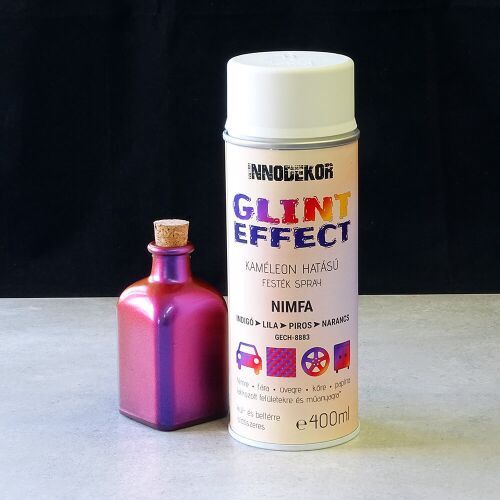 Innodekor Glint Effect Nimfa kaméleon festék spray (400ml) festett üveggel, indigó, lila, piros és narancs színekkel - Festék spray