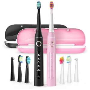 FairyWill FW-507 Sonic Electric Toothbrush Set, Black and Pink, with 8 replacement heads and 2 travel cases - Mouth shower and Electric toothbrush