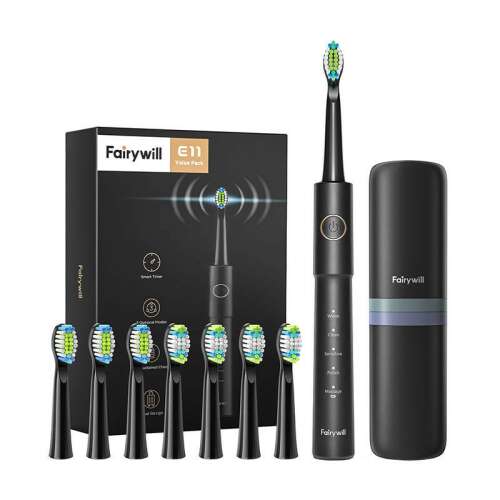 FairyWill FW-P11 fekete szónikus elektromos fogkefe készlet utazótokkal és 8 fogkefefejjel