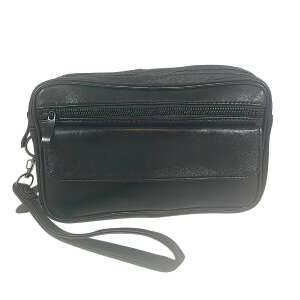 Fekete valódi bőr férfi kézitáska cipzáros rekeszekkel és csuklópánttal - Férfi pénztárca