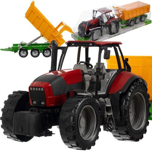 Kollázs a Farm World játék traktorról és pótkocsiról - Munkagép gyerekeknek