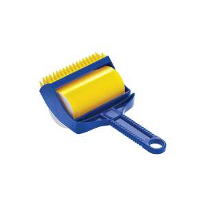 Sticky Buddy pet hair remover, blue and yellow, angled view - Lint roller