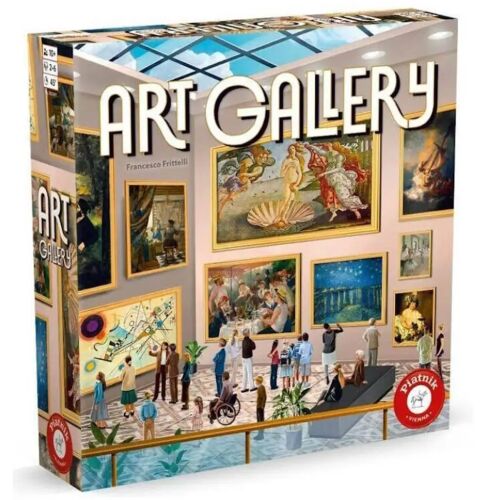 Piatnik Art Gallery társasjáték doboza, múzeumbelsővel, híres festményekkel és emberekkel, 3/4 nézetből, családi játékestekre - Piatnik