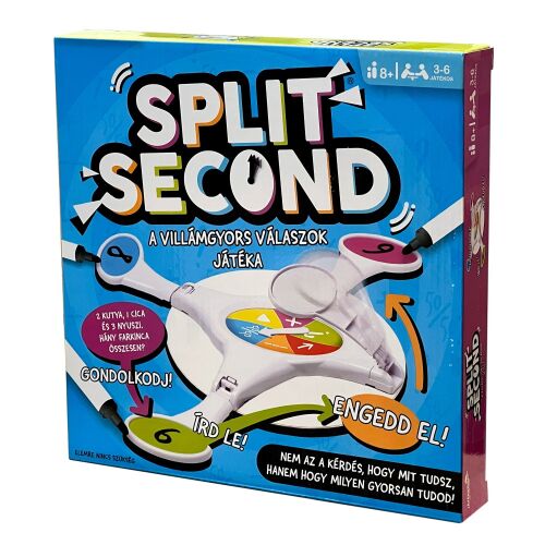 Split Second társasjáték csomagolása, egy pörgős partijáték gyors válaszokhoz és reflexekhez. 
