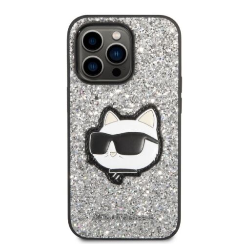 Ezüst csillámos iPhone 14 Pro Max tok Karl Lagerfeld Choupette macskával - Sport telefontok