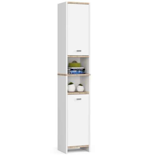 Beti P180_32 bathroom cabinet, white with sonoma oak, tall storage cabinet for bathroom, 2 doors, 4 shelves, 2 open shelves
