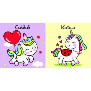 Unikornisok fürdőkönyv két egyszarvúval, az egyik egy szív alakú lufit tart, a másik pedig egy katicabogár van a hátán - Pancsolókönyv