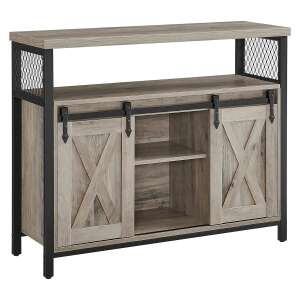 Dulap de bucătărie greige și negru cu uși glisante în stil hambar, 2 rafturi, cadru metalic, stil rustic - Mobilier de living