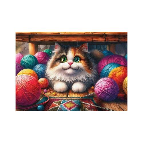 Delfy 1000 darabos puzzle kép egy bolyhos macskáról, amelyet színes fonalak vesznek körül 