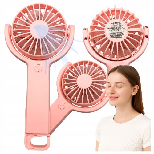 Kollázs a rózsaszín Mini Kézi Ventilátorról, ahogy egy nő élvezi a szellőt - Ventilátor