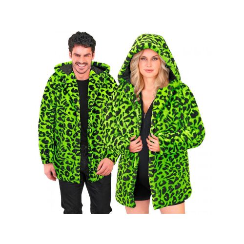Leopárdmintás neon zöld plüss kapucnis dzseki unisex felnőtt jelmez L/XL-es méretben