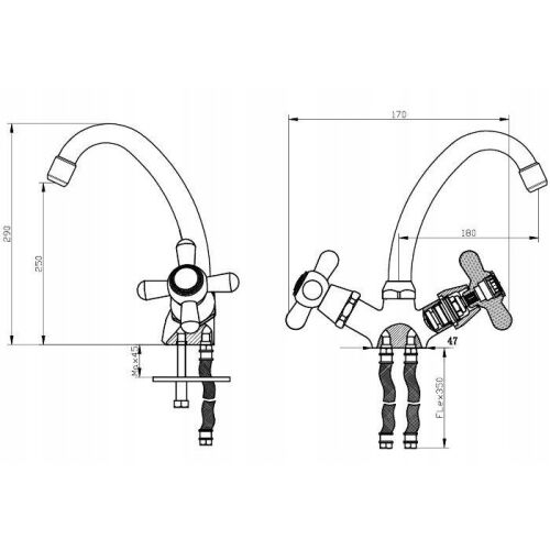 RETRO ÁLLÓ KONYHAI MOSOGATÓ CSAPTELEP méretek, mosogató csaptelep diagram méretekkel - Csaptelep