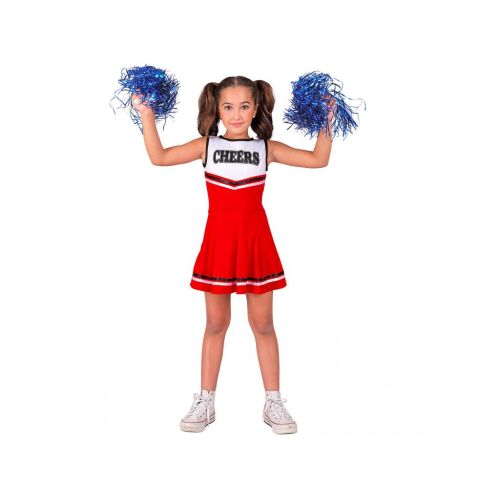 Cheerleader piros lány jelmez 116-os méretben kék pomponokkal - Szerepjáték