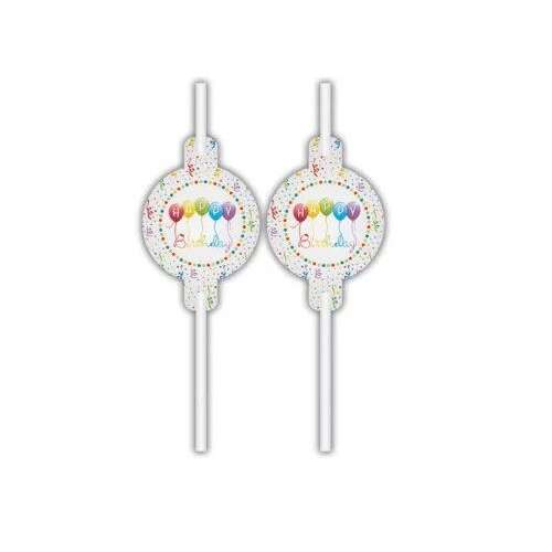 Happy Birthday Streamers papír szívószál színes lufikkal és konfetti mintával, 4 db-os szett