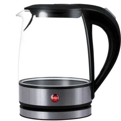 ELDOM C410 LITEA electric kettle with a glass body, black handle, and stainless steel base