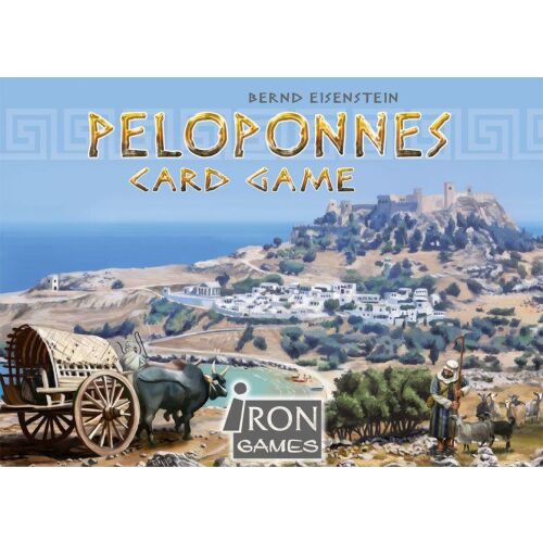 Peloponnész kártyajáték doboz grafikája tájképpel és Iron Games logóval - Kártyajáték