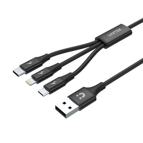 UNITEK 3 az 1-ben USB töltőkábel, fekete, USB-C, Lightning, Micro-USB