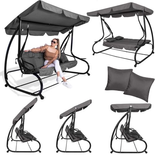 Collage of Springos Linda garden swing bed features