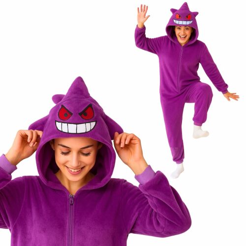 Kollázs egy nőről, aki Gengar Pokemon Kigurumi Onesie pizsamát visel - Kigurumi