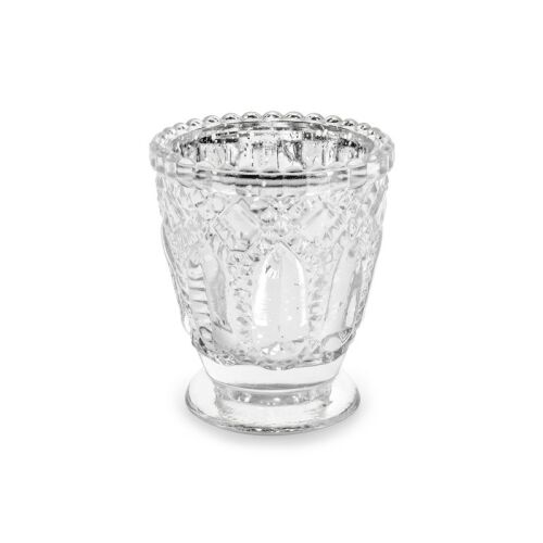 Ezüst üveg gyertyatartó, 8cm, fehér alapon - Gyertyatartó